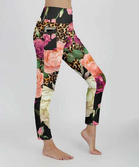 Lily | Rose & Black Floral Leopard Side-Pocket Leggings - Plus 1 Lily | Rose & Black Floral Leopard Side-Pocket Leggings - Plus
