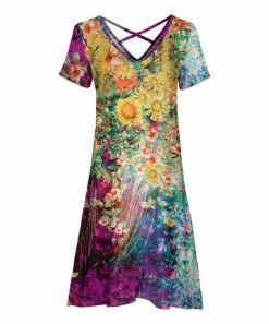 Lily | Purple & Yellow Floral Cross-Back V-Neck Dress - Women