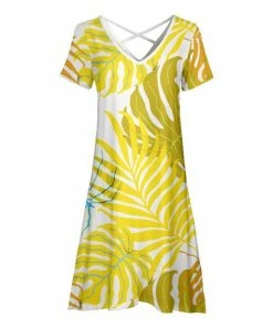 Lily | White & Yellow Tropical Foliage Cross-Back V-Neck Dress - Women