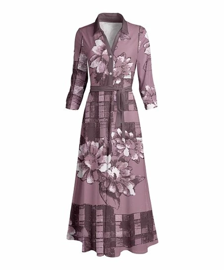 Lily | Mauve Floral Belted Button-Up Maxi Dress - Plus 1 Lily | Mauve Floral Belted Button-Up Maxi Dress - Plus