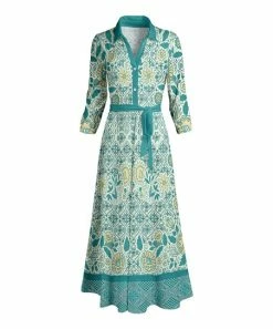 Lily | Turquoise Floral Arabesque Belted Button-Up Maxi Dress - Plus