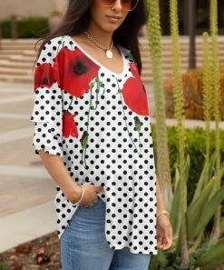 Lily | Black & Red Polka Dot Floral Layered-Sleeve V-Neck Tunic - Plus