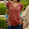 Lily | Coral & Turquoise Patchwork Long-Sleeve V-Neck Tunic - Plus