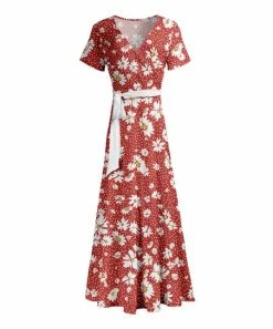 Lily | Red & Olive Floral Tie-Waist Surplice Maxi Dress - Women