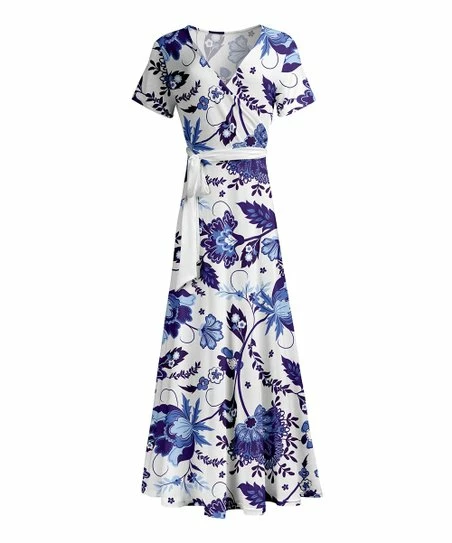 Lily | White & Navy Floral Tie-Waist Surplice Maxi Dress - Women 1 Lily | White & Navy Floral Tie-Waist Surplice Maxi Dress - Women
