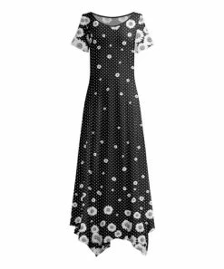 Lily | Black & White Daisy Short-Sleeve Handkerchief Maxi Dress - Plus
