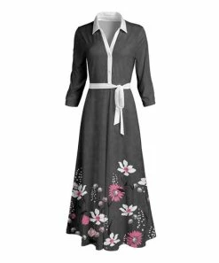 Lily | Gray & Pink Floral Tie-Waist Maxi Shirt Dress - Women