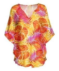Lily | Yellow & Pink Palm Bell-Sleeve V-Neck Tunic - Women