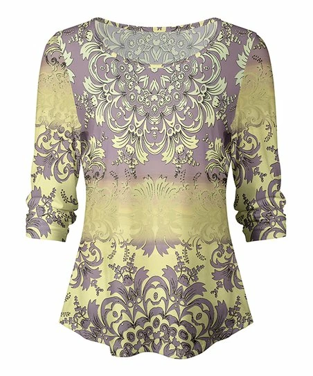 Lily | Purple & Yellow Floral Three-Quarter Sleeve Scoop Neck Top - Women 1 Lily | Purple & Yellow Floral Three-Quarter Sleeve Scoop Neck Top - Women