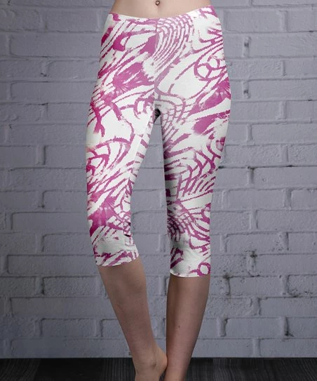 Lily | White & Pink Abstract Active High-Waist Capri Leggings - Women 1 Lily | White & Pink Abstract Active High-Waist Capri Leggings - Women