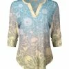 Lily | Blue & Yellow Floral Three-Quarter Sleeve Notch Neck Top - Plus