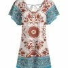 Lily | Rust & Aqua Geometric Tie-Back Flutter-Sleeve Tunic - Plus