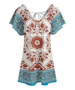 Lily | Rust & Aqua Geometric Tie-Back Flutter-Sleeve Tunic - Plus