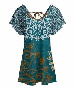 Lily | Teal & Rust Abstract Tie-Back Flutter-Sleeve Tunic - Women