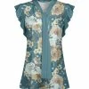 Lily | Teal & Beige Floral Flutter-Sleeve Neck-Tie Tunic - Women