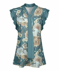 Lily | Teal & Beige Floral Flutter-Sleeve Neck-Tie Tunic - Women