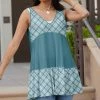 Lily | Teal & Aqua Plaid Color Block Ruffle-Hem V-Neck Sleeveless Tunic - Plus