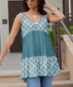 Lily | Teal & Aqua Plaid Color Block Ruffle-Hem V-Neck Sleeveless Tunic - Plus