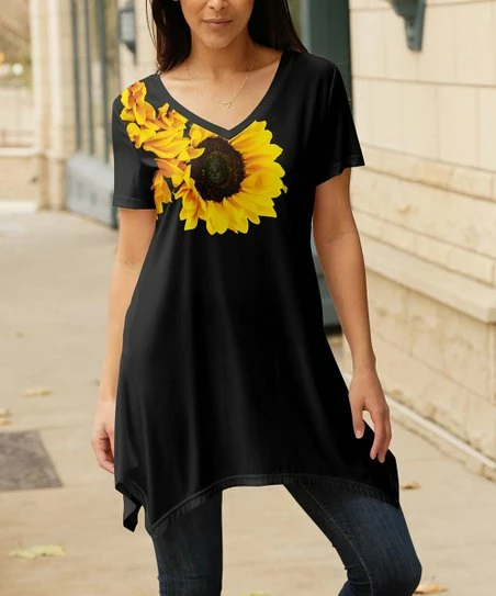 Lily | Black & Yellow Sunflower V-Neck Sidetail Tunic - Women 1 Lily | Black & Yellow Sunflower V-Neck Sidetail Tunic - Women
