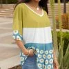 Lily | Blue & Yellow Color Block Sunflower Ruffle-Sleeve V-Neck Tunic - Women