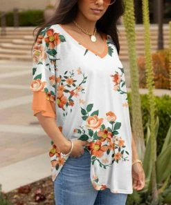 Lily | White & Orange Floral Ruffle-Sleeve V-Neck Tunic - Plus