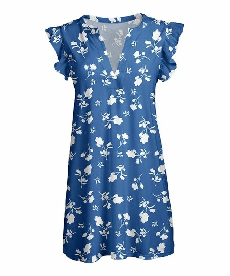 Lily | Blue & White Floral Ruffle-Sleeve V-Neck Tunic - Plus 1 Lily | Blue & White Floral Ruffle-Sleeve V-Neck Tunic - Plus