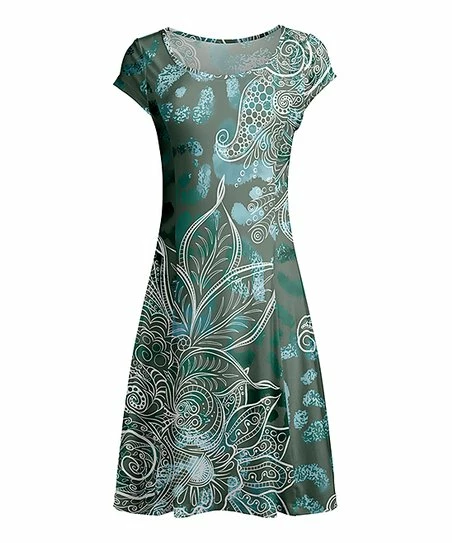 Lily | Turquoise & Tan Floral Short-Sleeve Shift Dress - Plus 1 Lily | Turquoise & Tan Floral Short-Sleeve Shift Dress - Plus