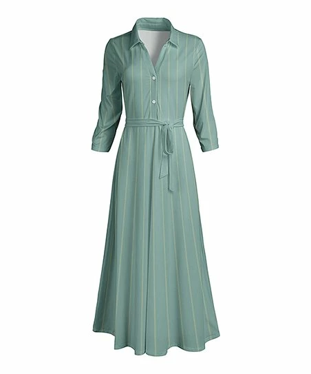 Lily | Green & Yellow Pinstripe Button-Front Maxi Dress - Plus 1 Lily | Green & Yellow Pinstripe Button-Front Maxi Dress - Plus