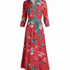 Lily | Red & Teal Floral Belted Three-Quarter Sleeve Maxi Dress - Women