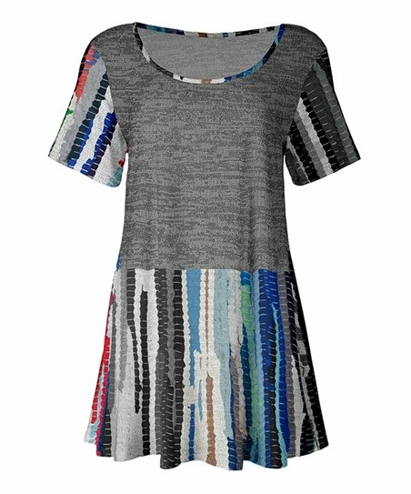 Lily | Gray & Blue Multicolor Abstract Stripe Short-Sleeve Tunic - Plus 1 Lily | Gray & Blue Multicolor Abstract Stripe Short-Sleeve Tunic - Plus