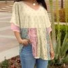 Lily | Yellow & Pink Polka Dot Patchwork Ruffle-Sleeve V-Neck Tunic - Women