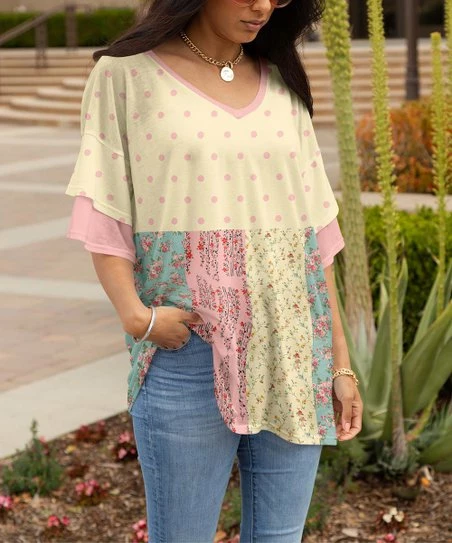 Lily | Yellow & Pink Polka Dot Patchwork Ruffle-Sleeve V-Neck Tunic - Women 1 Lily | Yellow & Pink Polka Dot Patchwork Ruffle-Sleeve V-Neck Tunic - Women