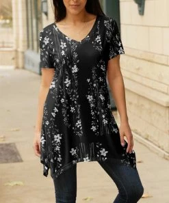 Lily | Black & Gray Floral Handkerchief V-Neck Tunic - Women & Plus