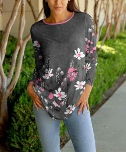 Lily | Gray & Pink Floral Long-Sleeve Tunic - Women & Plus