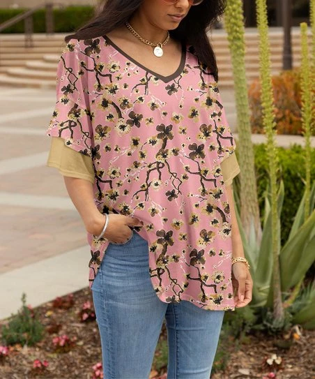 Lily | Pink & Beige Floral Layered Ruffle-Sleeve V-Neck Tunic - Plus 1 Lily | Pink & Beige Floral Layered Ruffle-Sleeve V-Neck Tunic - Plus