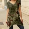 Lily | Green & Brown Cursive Floral Handkerchief V-Neck Tunic - Women