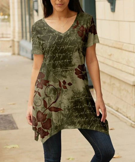 Lily | Green & Brown Cursive Floral Handkerchief V-Neck Tunic - Women 1 Lily | Green & Brown Cursive Floral Handkerchief V-Neck Tunic - Women