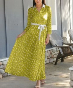 Lily | Olive & White Floral Tie-Waist Maxi Dress - Plus
