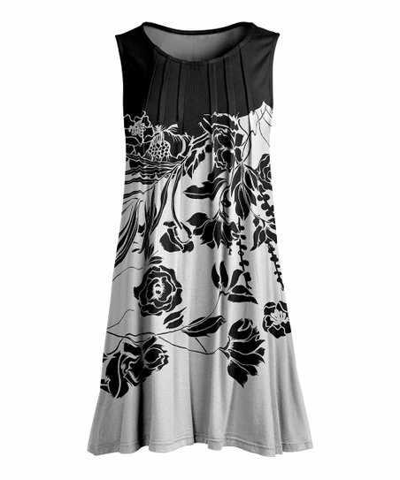 Lily | White & Black Floral Pleated Sleeveless Tunic - Plus 1 Lily | White & Black Floral Pleated Sleeveless Tunic - Plus