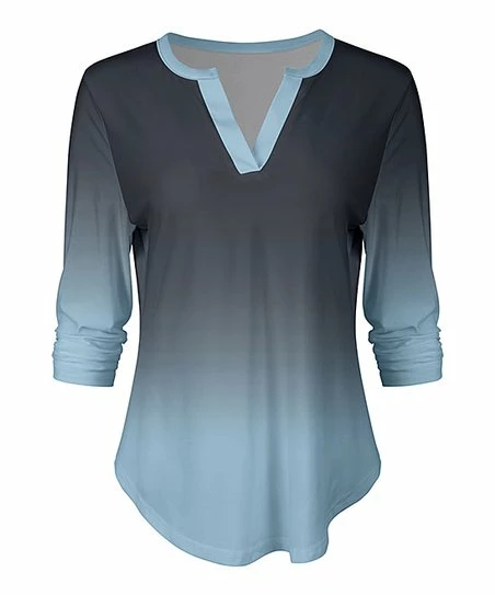 Lily | Blue & Gray Ombré Long-Sleeve V-Neck Top - Women & Plus 1 Lily | Blue & Gray Ombré Long-Sleeve V-Neck Top - Women & Plus