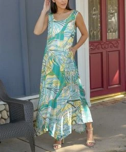 Lily | Turquoise & Cream Abstract Sleeveless Maxi Dress - Women