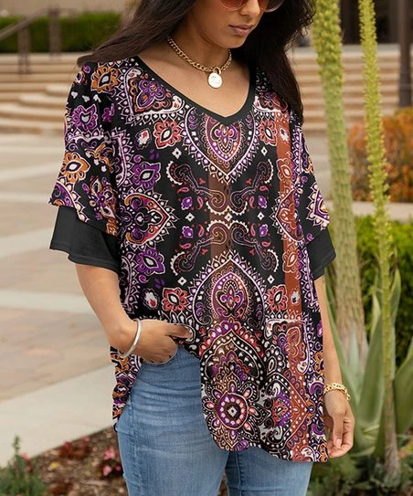 Lily | Black & Purple Scarf-Print Ruffle-Sleeve V-Neck Tunic - Women 1 Lily | Black & Purple Scarf-Print Ruffle-Sleeve V-Neck Tunic - Women