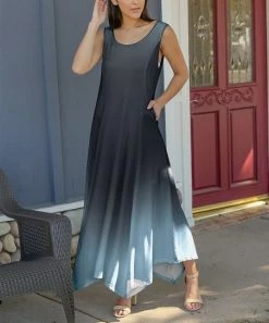 Lily | Gray & White Ombré Scoop Neck Sleeveless Pocket Maxi Dress - Plus