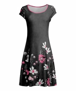 Lily | Gray & Pink Floral A-Line Dress - Women