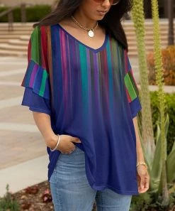 Lily | Blue & Green Ombré Stripe Ruffle-Sleeve V-Neck Tunic - Plus