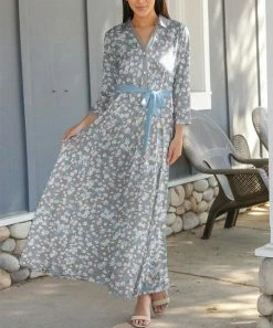 Lily | Gray & Blue Floral Tie-Waist Button-Front Maxi Dress - Women
