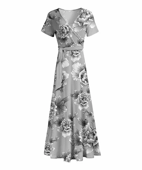Lily | Gray & White Floral Short-Sleeve Surplice Maxi Dress - Plus 1 Lily | Gray & White Floral Short-Sleeve Surplice Maxi Dress - Plus