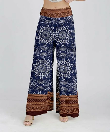 Lily | Navy & Brown Geometric Palazzo Pants - Plus 1 Lily | Navy & Brown Geometric Palazzo Pants - Plus