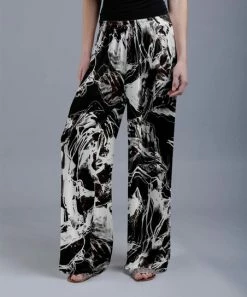 Lily | White & Black Marble Elastic-Waist 30'' Palazzo Pants - Plus