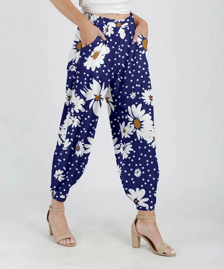 Lily | Blue & White Floral Polka Dot Pocket Harem Pants - Women 1 Lily | Blue & White Floral Polka Dot Pocket Harem Pants - Women